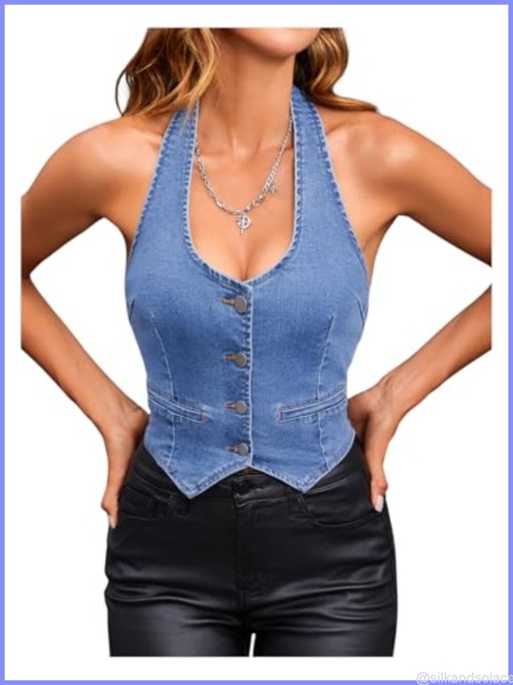Denim Halter Top Button Down Y2K Cropped Jean Vest Sleeveless